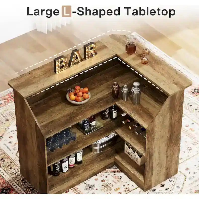 L-Shaped Bar Cabinet with Stemware Racks for Home Pub