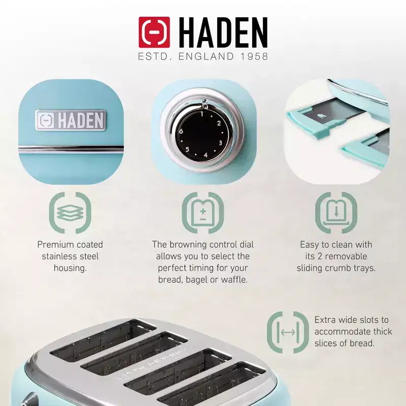 Haden 12 Cup Programmable Drip Coffee Maker Coffee Machine Bundled with Heritage 4 Slice Wide Slot Stainless Steel Toaster, Turquoise & Chrome