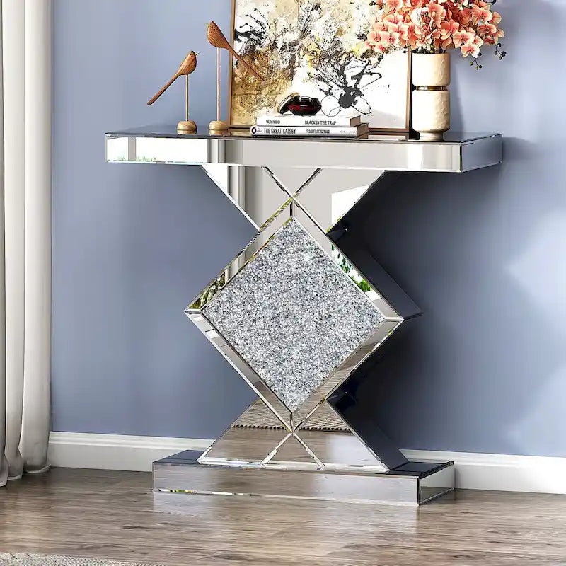 Geometric Mirrored Console Table – Silver, Glam Style, Diamond Lattice Base