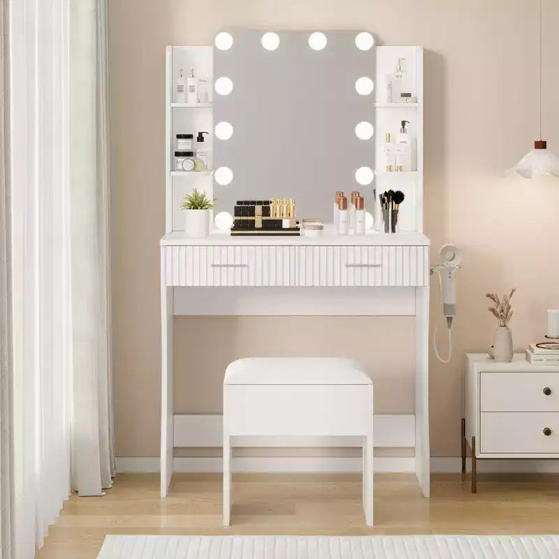 Makeup Vanity Desk with Mirror and Lights, Vanity Table with 2 Drawers, 6 Shelves, Hair Dryer Holder & Stool,Dressing Table Furniture for Bedroom