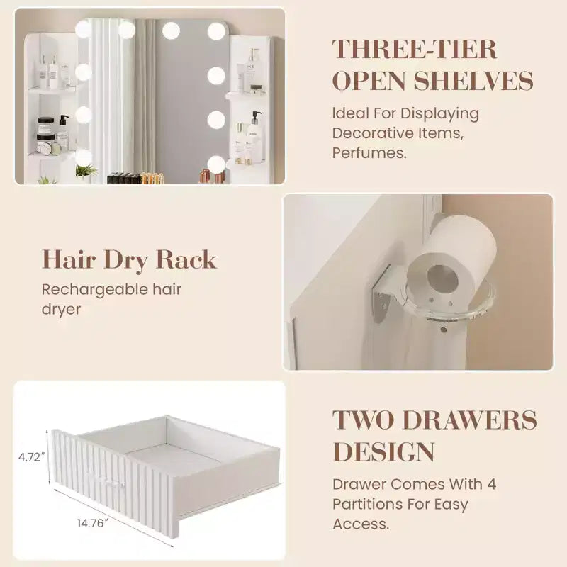 Makeup Vanity Desk with Mirror and Lights, Vanity Table with 2 Drawers, 6 Shelves, Hair Dryer Holder & Stool,Dressing Table Furniture for Bedroom