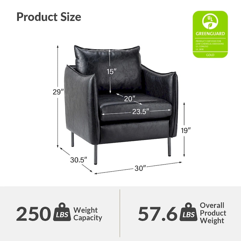 Modern Accent Chair – Black / Brown / Grey / Camel / Navy / Beige, Vegan Leather, Metal Legs, Seats 1
