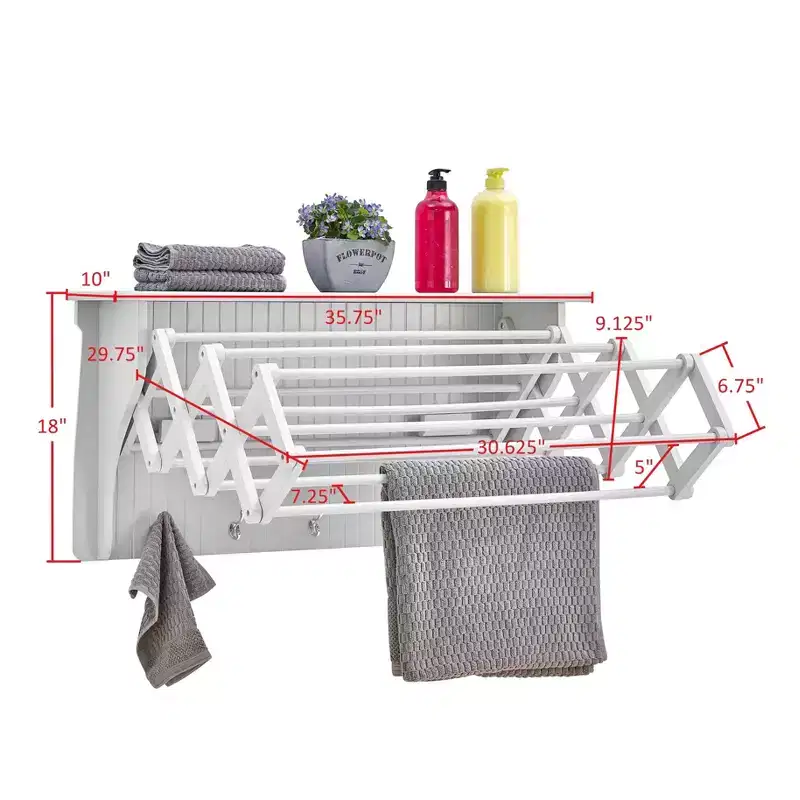 36 x 18 Wall Shelf with Collapsible Drying Rack and Hooks