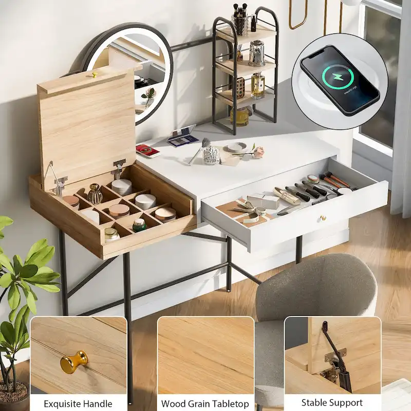 Modern Makeup Vanity with Mirror, Wireless Charging Station