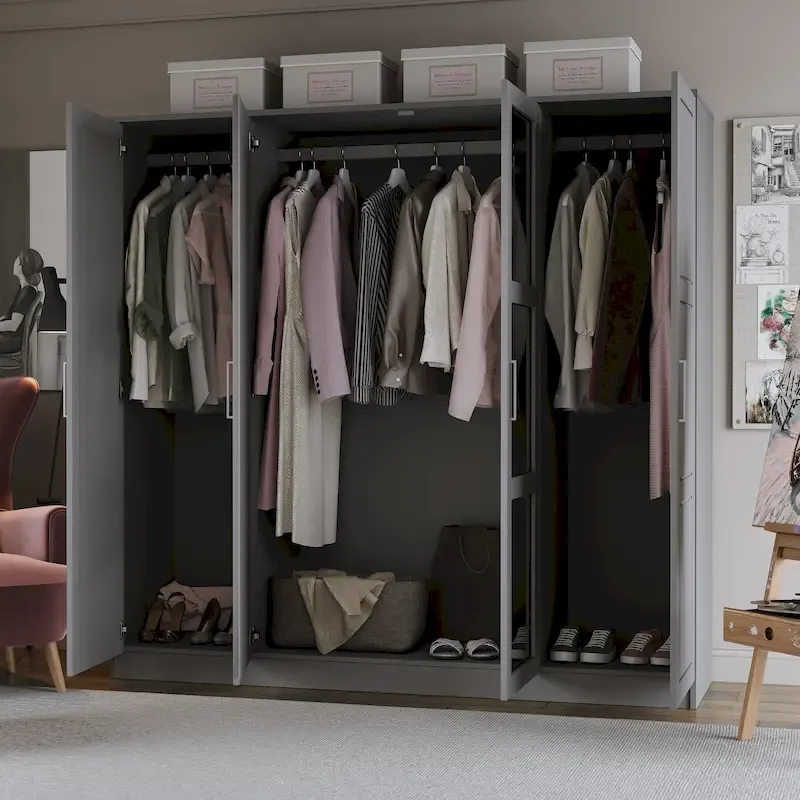 100% Solid Wood  4-Door Wardrobe with Solid Wood or Mirrored Doors