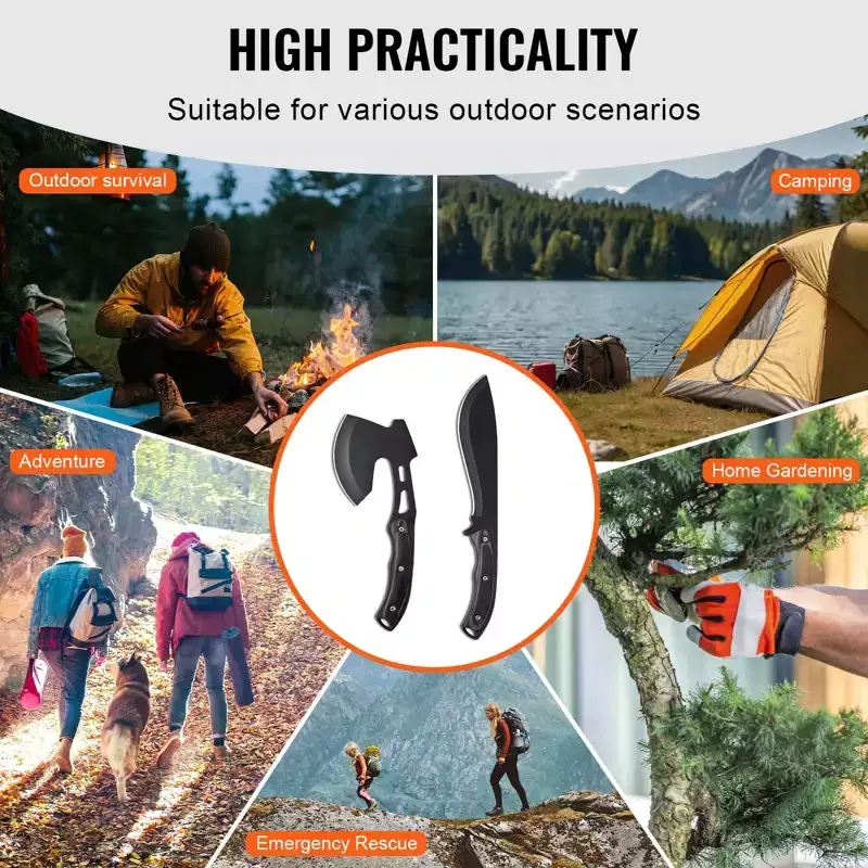 VEVOR Hunting Knife and Hatchet Axe Combo Set with Sheath, Fixed Blade Tactical Knife and Camping Axe, Stainless Steel Knife and Camping Hatchet,Black