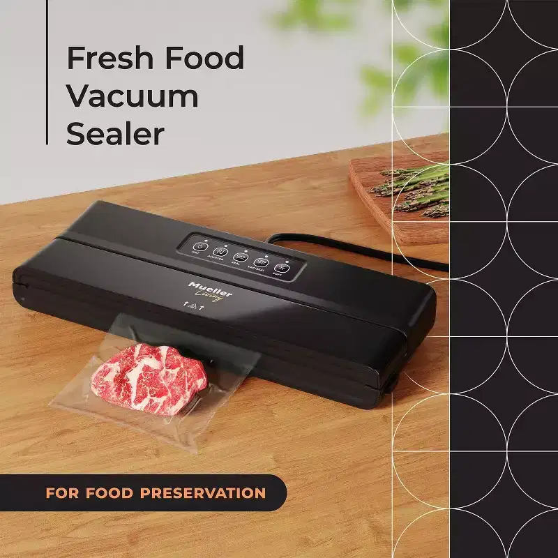 MuellerLiving Vacuum Sealer Machine, Compact Vacuum Sealer Kit with Bags/Roll, LED Light Indicators, Preserve, Marinate, Sous Vide, Black