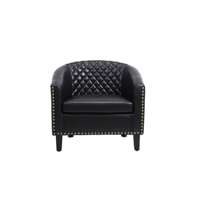 Barrel Accent Chair – Black / Brown / White, PU Leather, Nailhead Trim, Solid Wood Legs, Seats 1