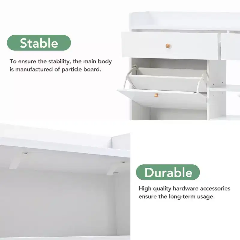 Shoe Cabinet with 4 Flip Drawers, Multifunctional 2-Tier Shoe Storage Organizer with Drawers, Free Standing Shoe Rack for Entrance Hallway, White