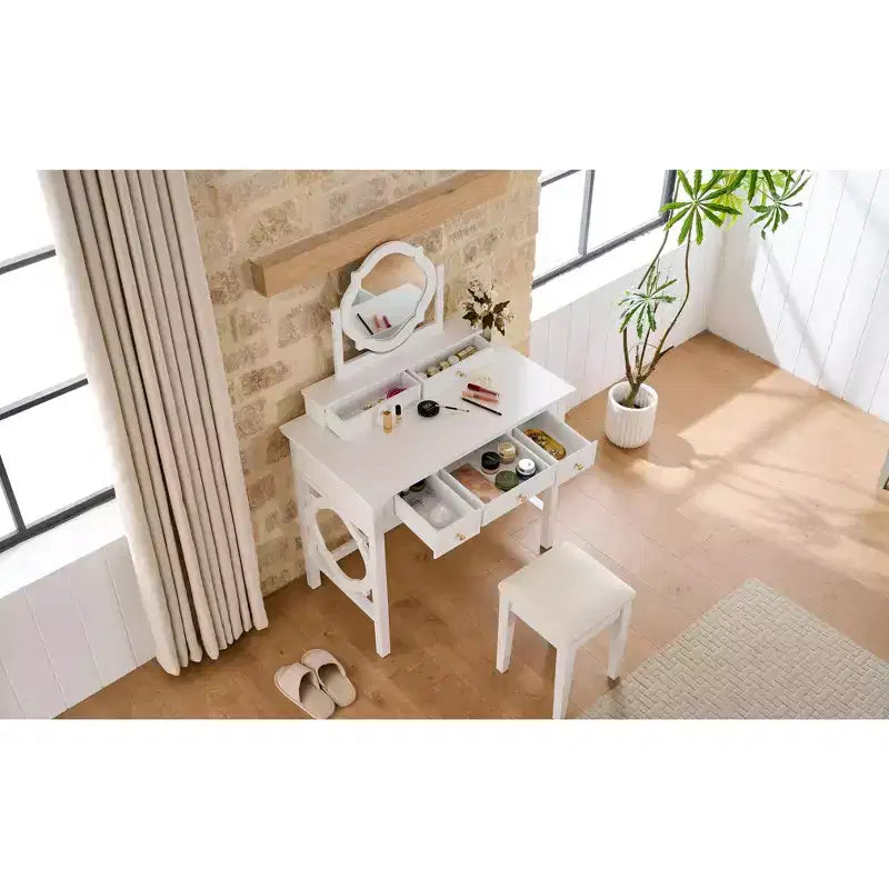 Makeup Vanity Table with Reversible Mirror, Elegant Chic Vanity Desk with 5 Drawers & Upholstered Stool, Space-Saving Beauty Station