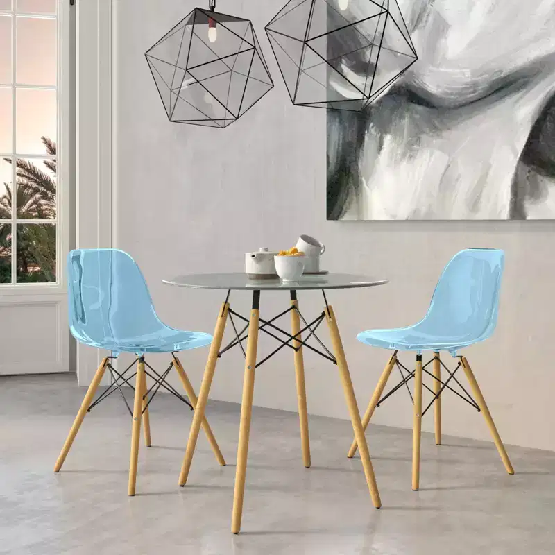 LeisureMod Dover 3-Piece Dining Set  31 Round Clear Glass Bistro Table with 2 Acrylic Chairs with Wooden Dowel Legs, Modern Kitchen, Dining Room