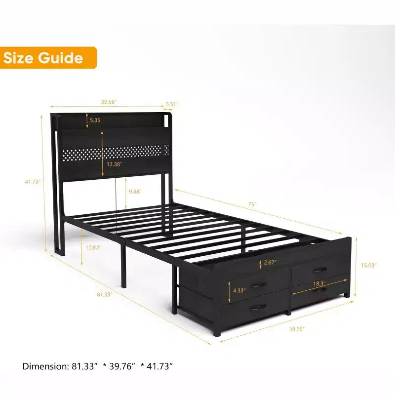 Twin Bed Frames with Headboard, Twin Size Bed Frames with Storage Drawers, Twin Bed, Metal Platform Bed Frame