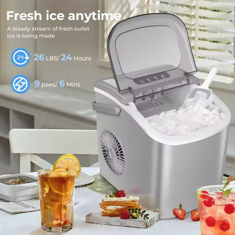 Portable Ice Maker,Countertop Model,Self-Cleaning,26.5lbs/24Hrs,6 Mins/9 Pcs Bullet Ice,Includes Ice Scoop and Basket