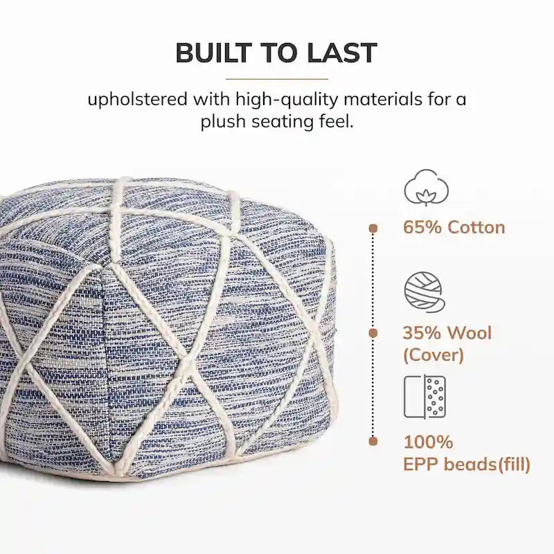 22-Inch Round Pouf Ottoman – Blue & Ivory / Tan & Ivory / Gray & Ivory, 1-Person Footrest & Extra Seat