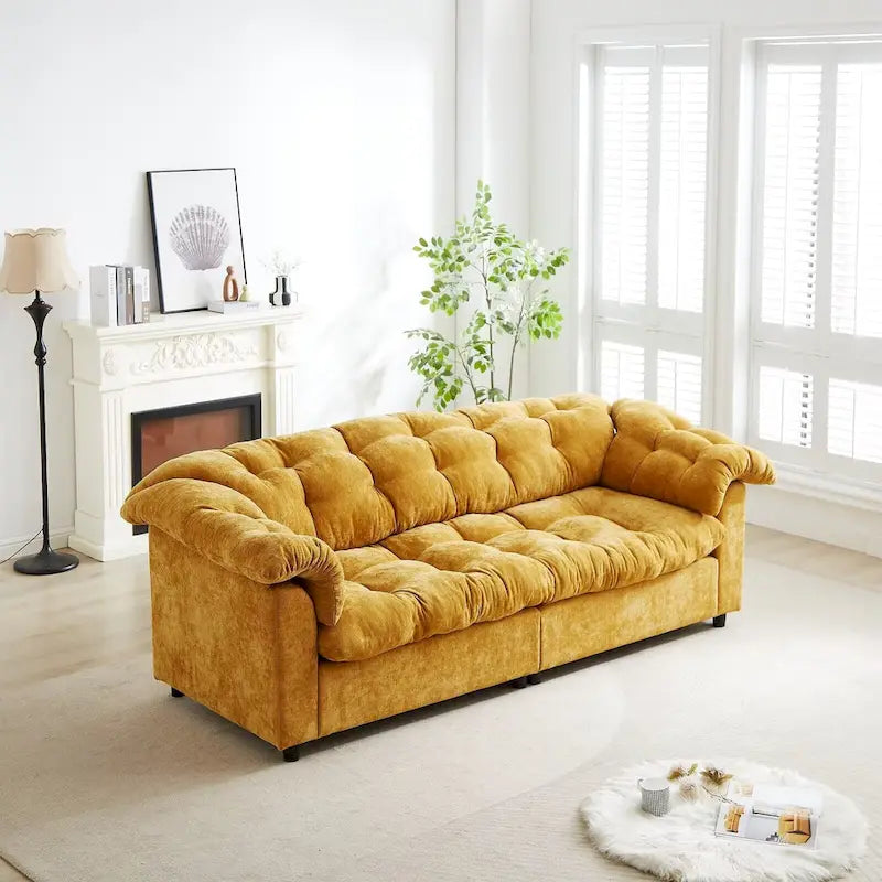 99-Inch Deep Seat Sofa – Yellow / Beige / Grey / Green, Chenille, Solid Wood Frame, Seats 3