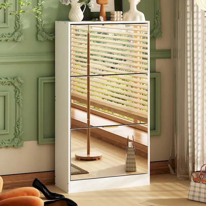 Shoe Cabinet with 3 Mirrored Flip Drawers, Free Standing Slim