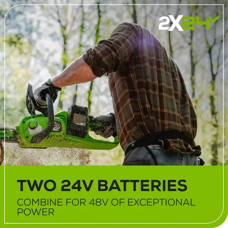 Greenworks POWERALL 2x24V 16" Brushless Cordless Chainsaw with (2) 4.0Ah Batteries and Dual Port Charger