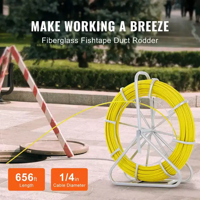 VEVOR Fish Tape Fiberglass, 656 ft, 1/4 inch, Duct Rodder Fishtape Wire Puller, Cable Running Rod with Steel Reel Stand, 3 Pulling Heads, Fishing Tool