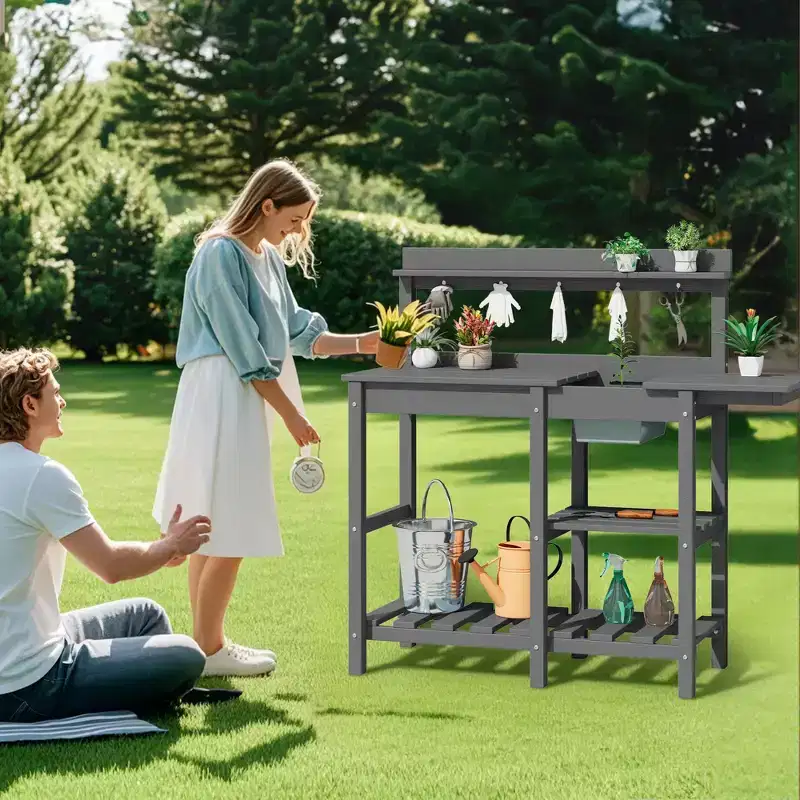 Hyleory HDPE Weather-Resistant Potting Bench Table with Storage Shelf