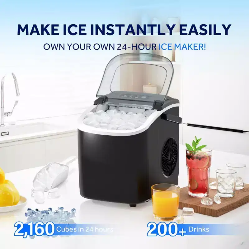 Portable Ice Maker,Countertop Model,Self-Cleaning,26.5lbs/24Hrs,6 Mins/9 Pcs Bullet Ice,Includes Ice Scoop and Basket