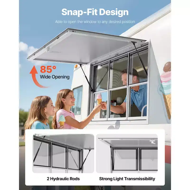 VEVOR Concession Window 60x36 in, Aluminum Alloy Service Window for Food Truck, Up to 85 Degrees Stand Serving Window with 6 Sliding Windows, White