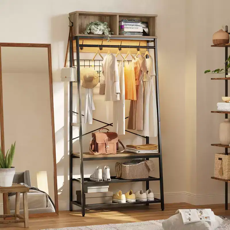 Bestier Coat Rack with Shoe Storage Bench, 70 Hall Tree with Shelves, Clothes Hanger Stand for Jackets & Cats, 5-in-1 Entryway Organizer with Hooks