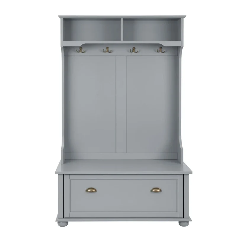 Coastal Style Hall Tree Entryway Bench with Shelves and Shoe Cabinets