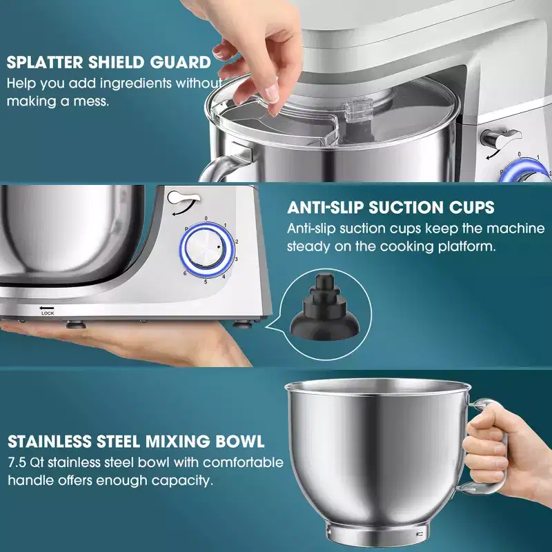 SUGIFT 7.5 QT Electric Kitchen Mixer with 6 Speeds & Pulse, Stainless Steel Bowl for Baking, Cooking & Dough Kneading