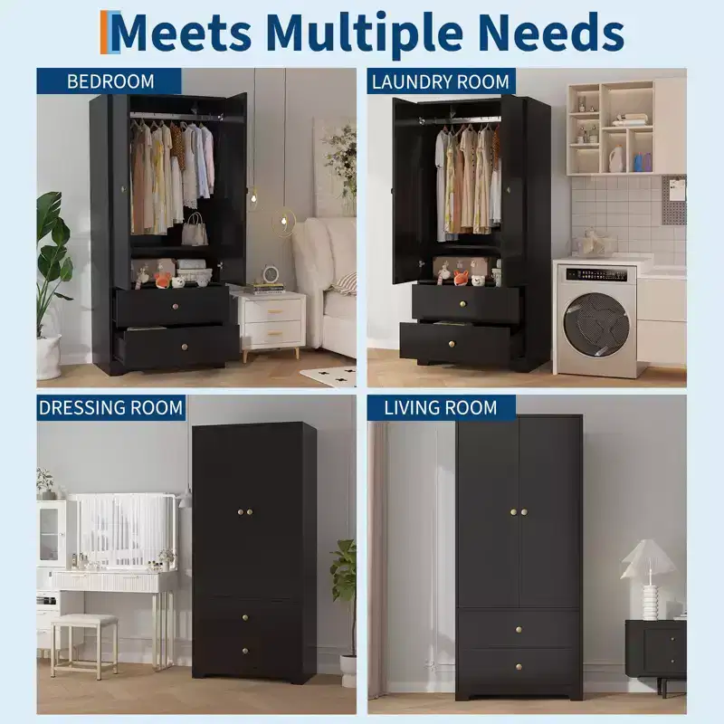 2-Door Wardrobe Storage Cabinet, Flat Panel MDF Sideboard Buffet Cabinet for Bedroom, Dining Room and Home