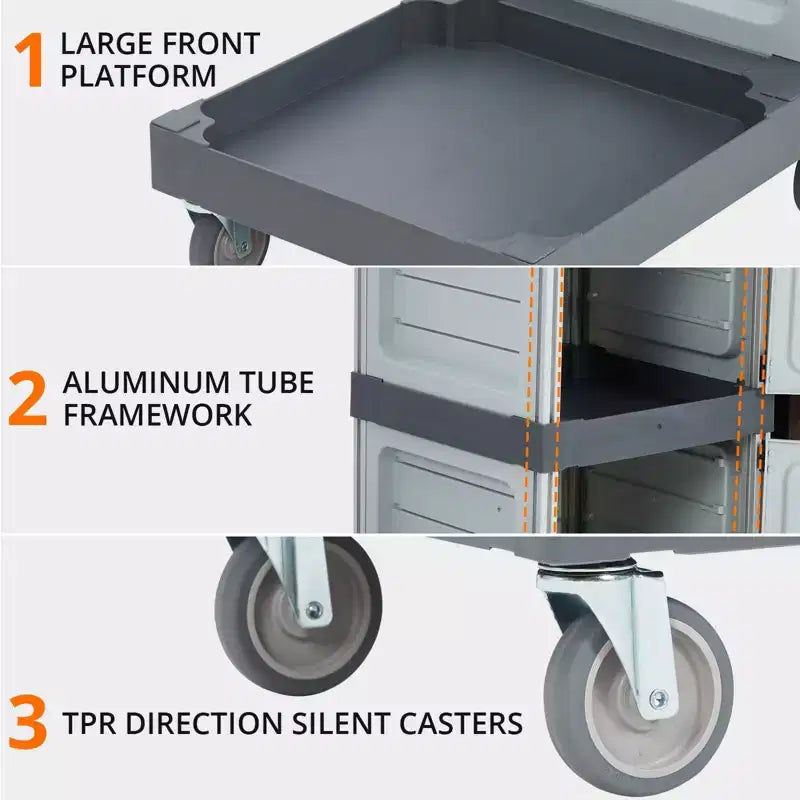 Commercial Janitorial Cart, 3-Shelf Housekeeping Cart with Storage Cabinets and Laundry Bag