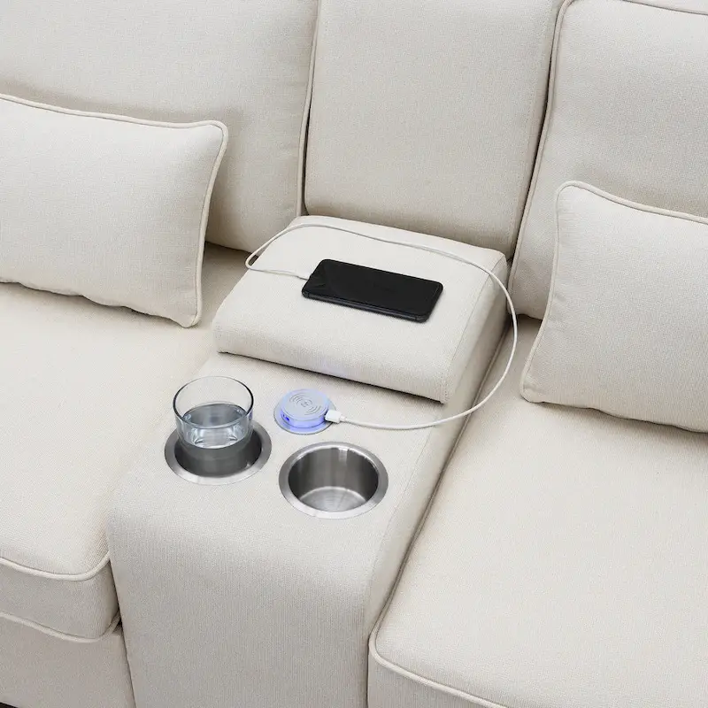 114.2 Upholstered Sofa with Console, Cup Holders and USB Charging