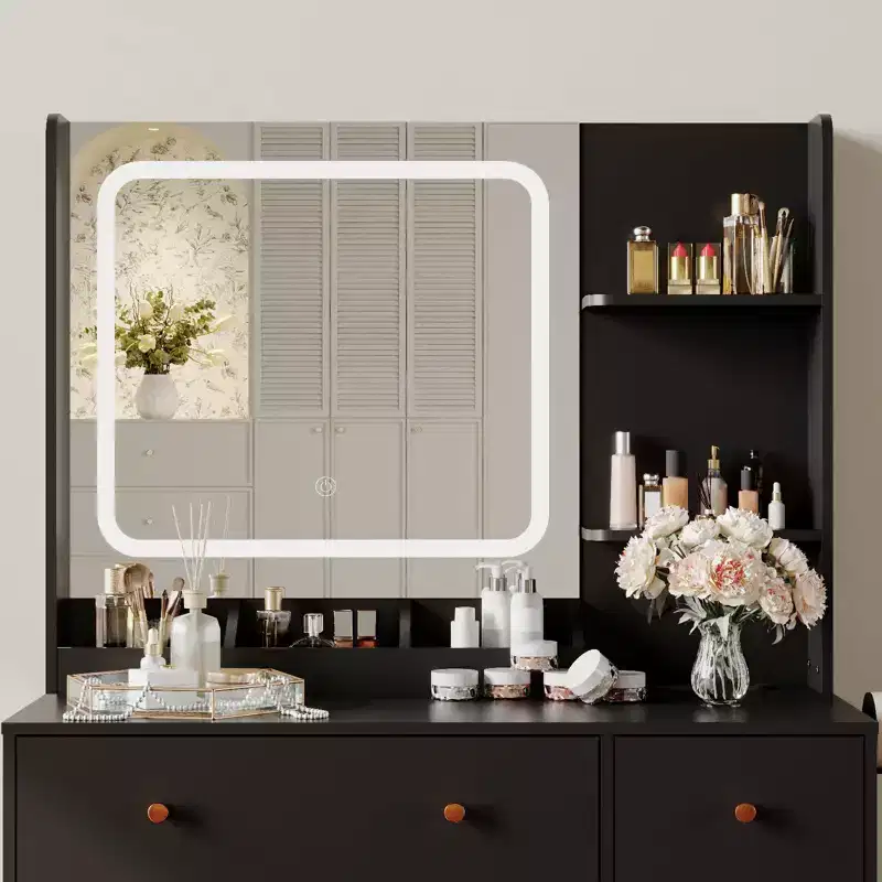COZONY Makeup Vanity with Lights & Mirror, Vanity Table with Charging Station, Hair Dryer Holder, Storage Drawers & Shelves, Upholstered Stool