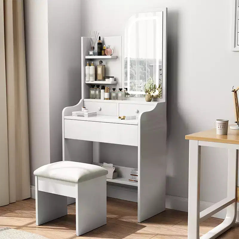 Vanity Desk with Mirror and Light , Makeup Vanity Table with Hair Dryer Holder, Dressing Table Make Up Desk with Chair and 3 Drawers