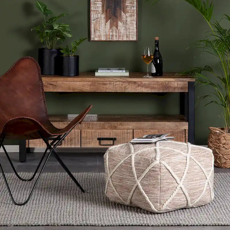 22-Inch Round Pouf Ottoman – Blue & Ivory / Tan & Ivory / Gray & Ivory, 1-Person Footrest & Extra Seat