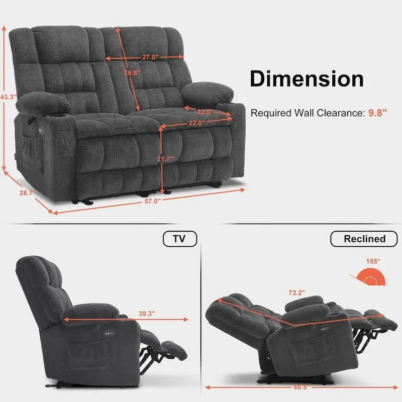MCombo Power Loveseat Recliner, Electric Reclining Loveseat Sofa with Heat and Vibration, Cupholders, USB Charge Ports RS6314