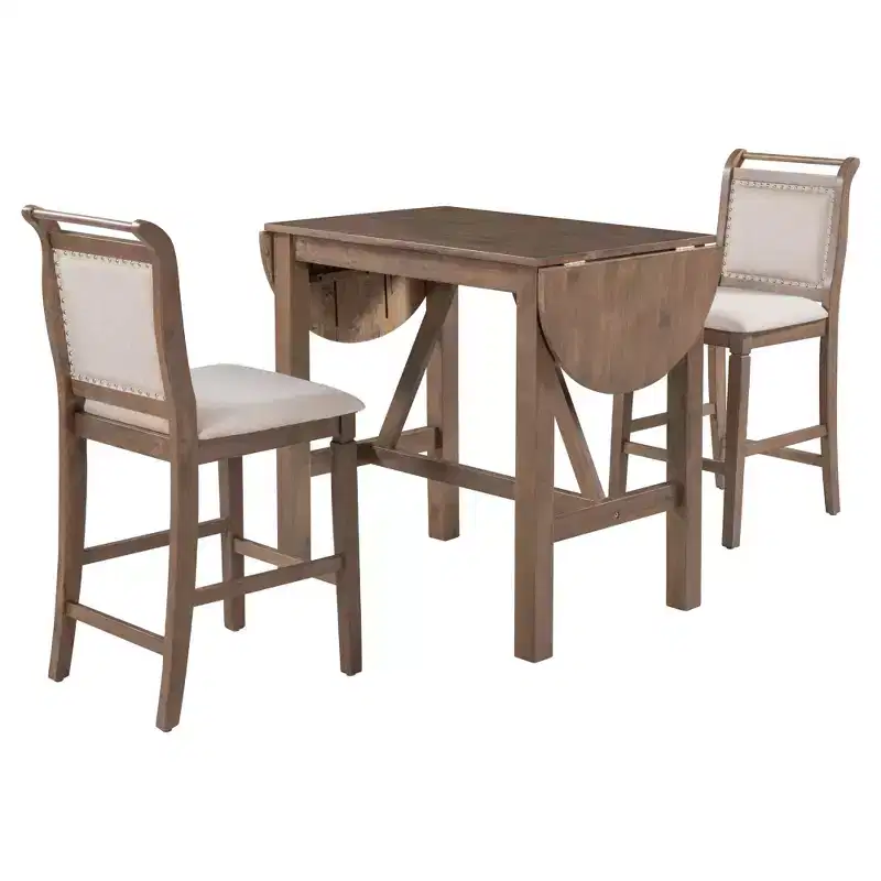 Whisen 3-Piece Wood Counter Height Drop Leaf Dining Table Set with 2 Upholstered Dining Chairs