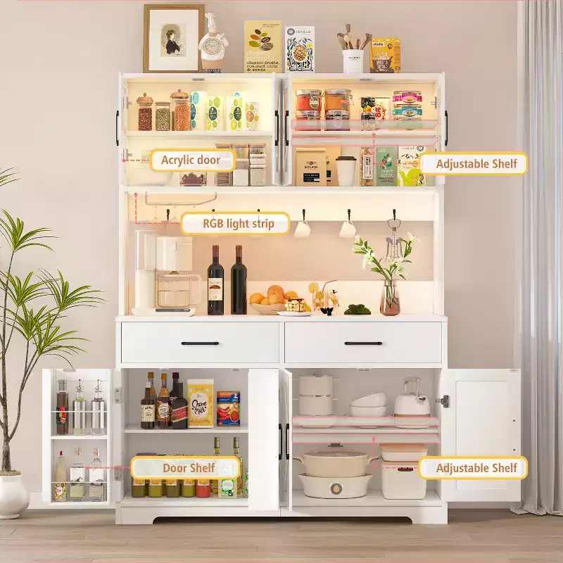 Dyonery white minimalist food storage cabinet, with glass cabinet doors, features 8 spacious storage zones and 2 drawers.
