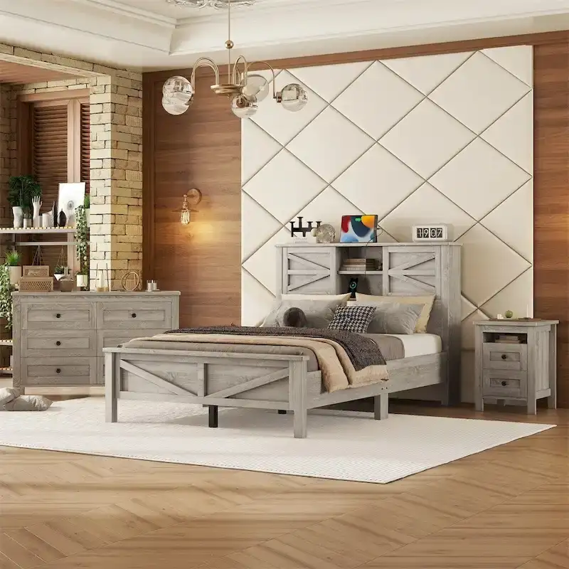 Bedroom Sets Full Size Platform Bed with Charging Station,Nightstand,Dresser(Set of 3)