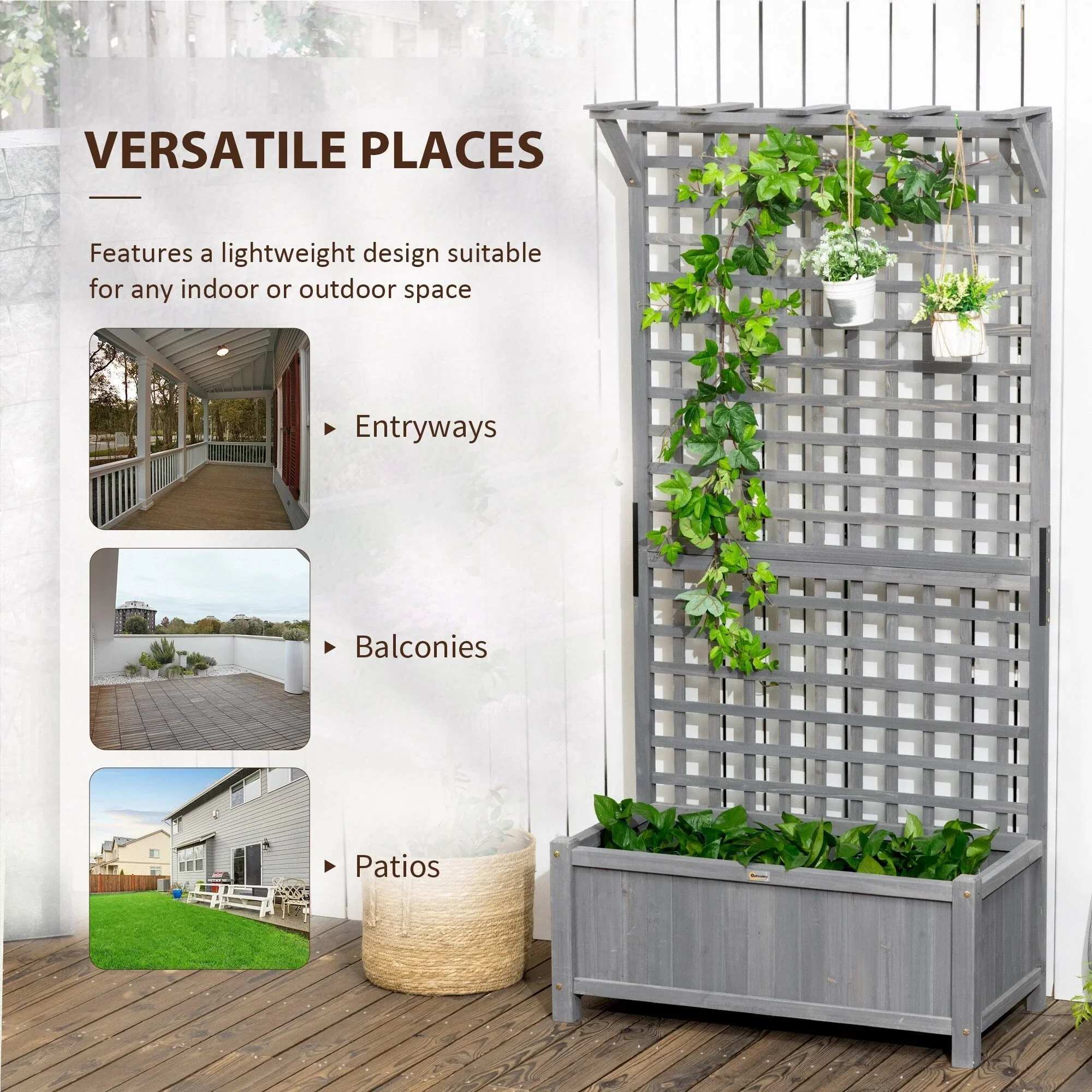 Outsunny Wood Planter with Trellis, Raised Garden Bed for Climbing Plants w/ Drainage Holes and Roof