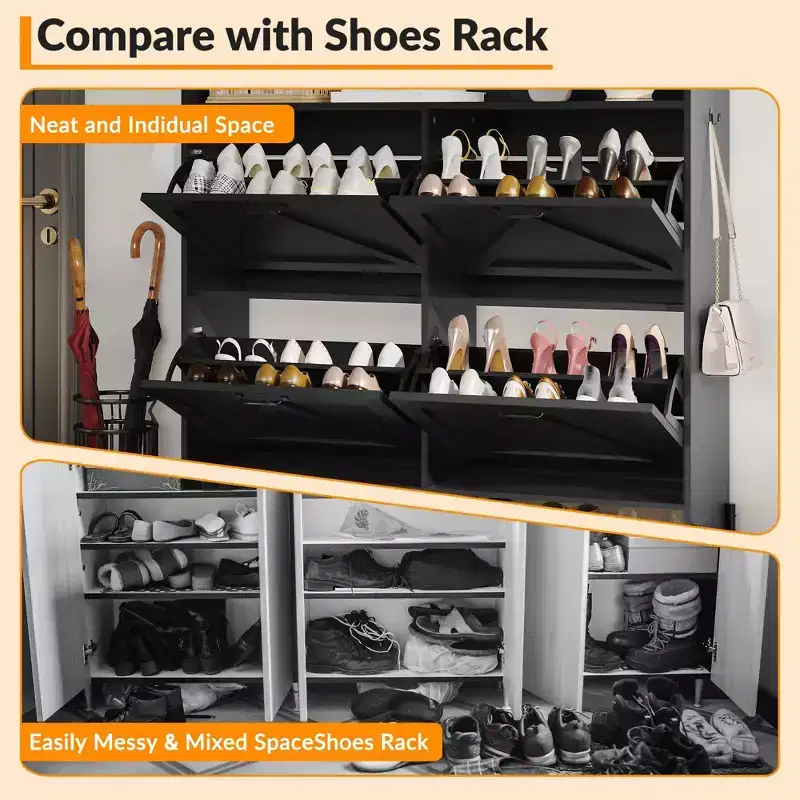 Shoe Cabinet with 4 Flip-Up Drawers Hidden Shoe Storage Cabinet with Open Storage for Entryway Hallway Bedroom Shoe Organizer Cabinet