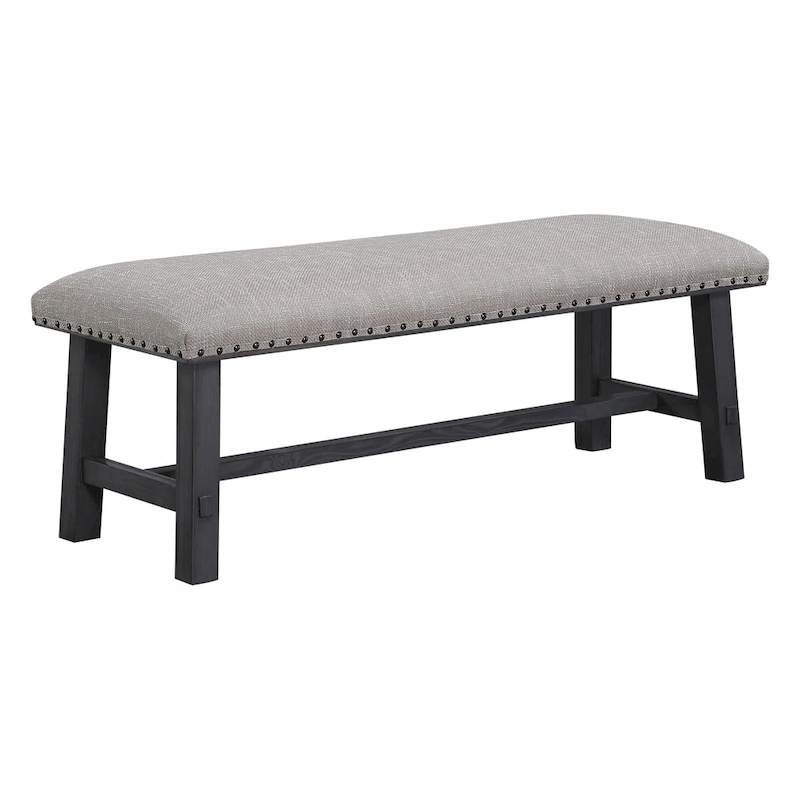 OS Home and Office Furniture Callen Bench with Antique Grey Frame and Antique Bronze Nailhead Trim in Grey Fabric