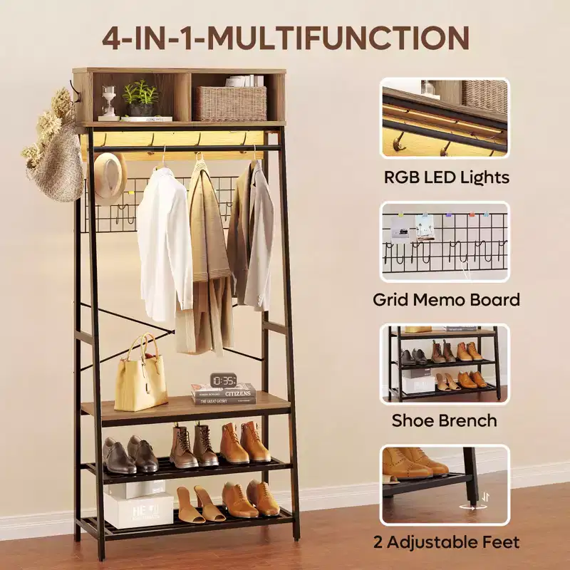 Bestier Coat Rack with Shoe Storage Bench, 70 Hall Tree with Shelves, Clothes Hanger Stand for Jackets & Cats, 5-in-1 Entryway Organizer with Hooks