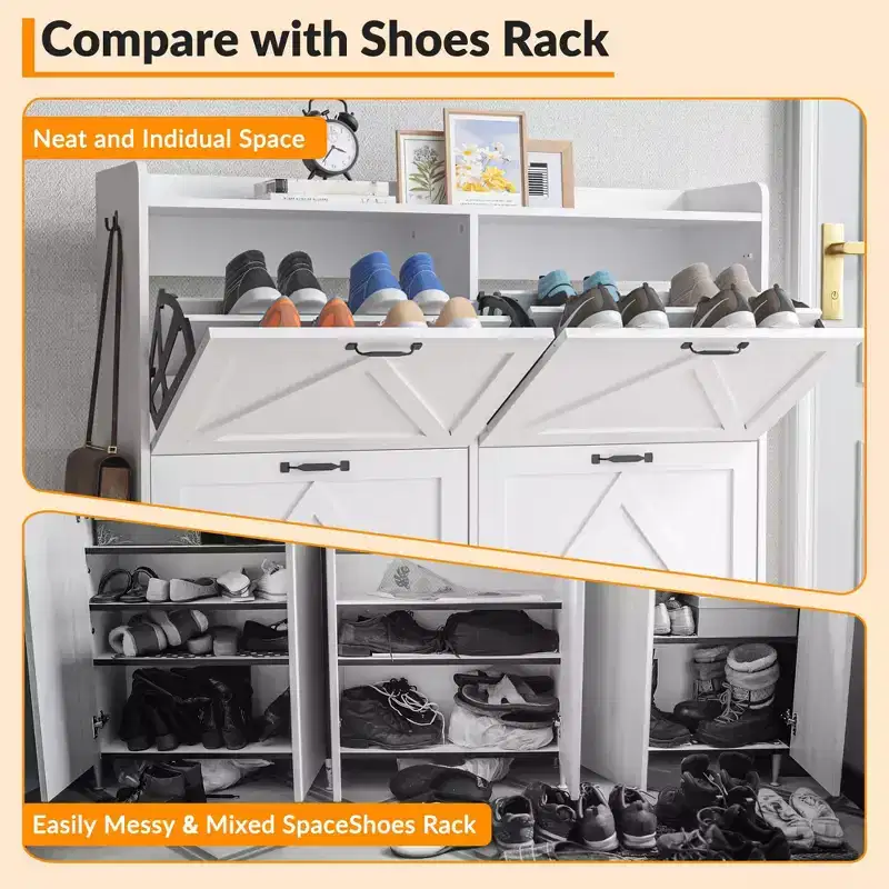 Shoe Cabinet with 4 Flip-Up Drawers Hidden Shoe Storage Cabinet with Open Storage for Entryway Hallway Bedroom Shoe Organizer Cabinet