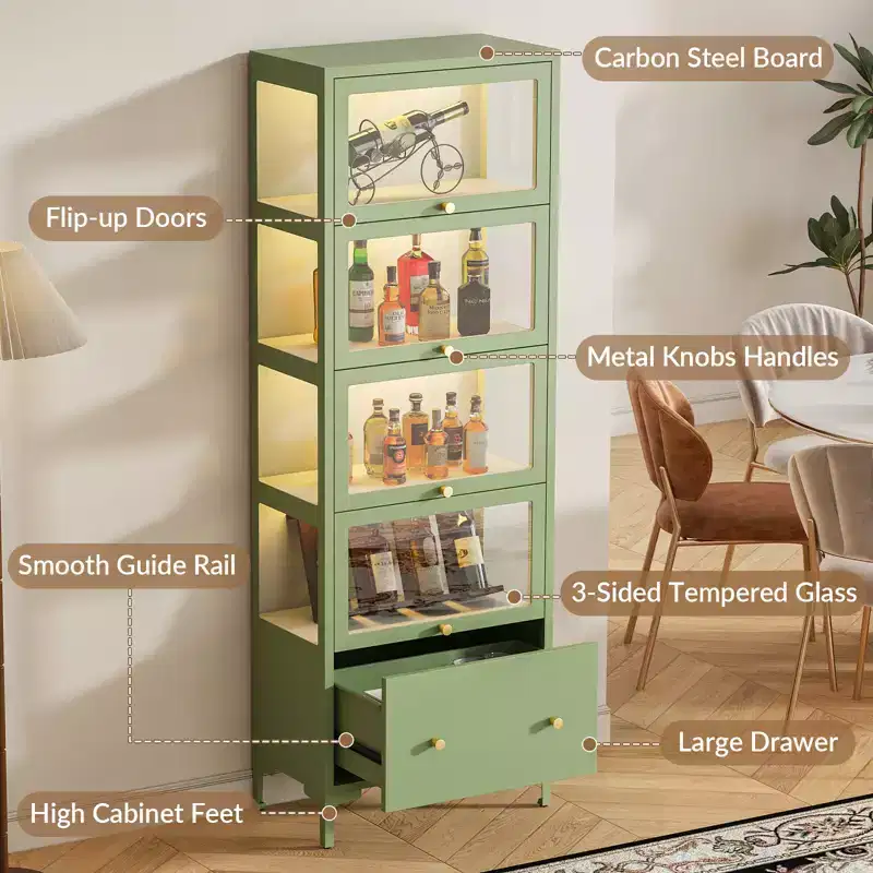 Bekrvio 67 Glass Doors Display Cabinet with Drawer & 13-Color RGB LED Lights, 5-Tier Metal Curio Cabinet for Collectibles, Figure, Toys, Books