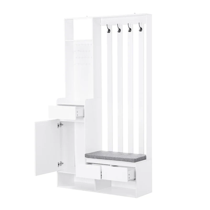 39.3Wx70.8H Hall Tree Storage with Cushioned Storage Bench,Multifunctional Hallway Shoe Cabinet,Pegboard,Coat Rack,4 Hooks