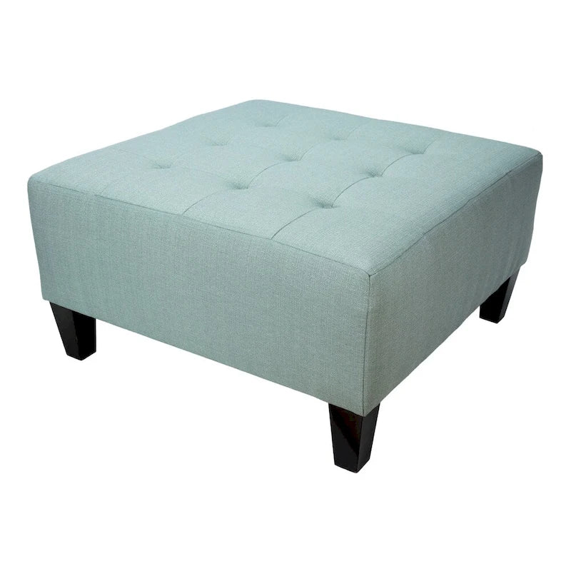 Button Tufted Upholstered Square Ottoman | Blue | Modern Accent Footrest