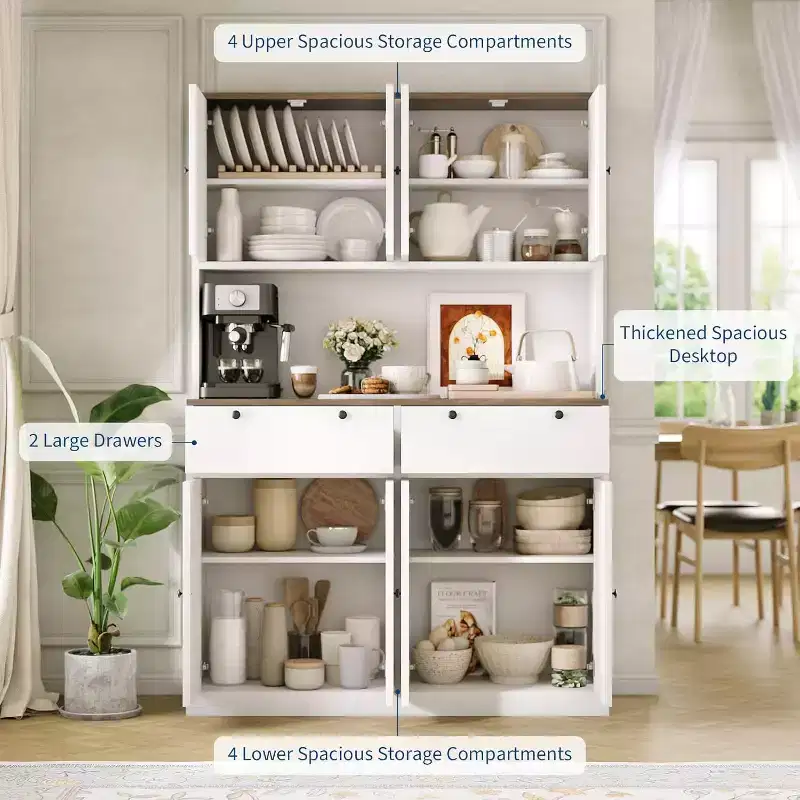 71 Tall Kitchen Pantry Storage Cabinet, Kitchen Hutch with Microwave Stand & Countertop, Large Food Pantry Cabinet with 2 Drawers and 8 Doors