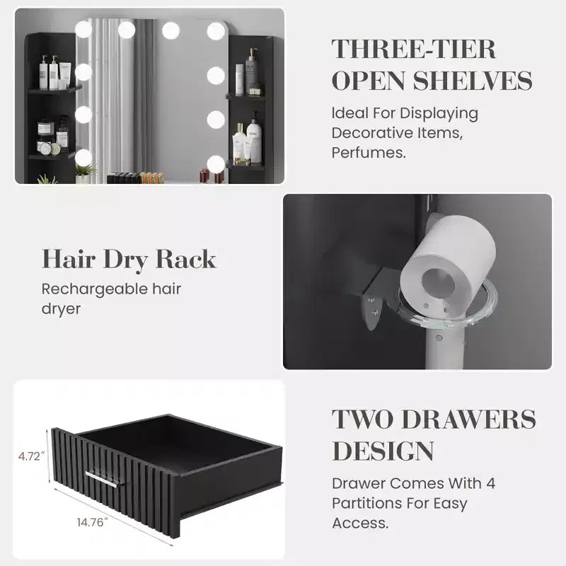 Garvee Makeup Vanity Desk with Mirror and 12 LED Lights, Modern Dressing Table Furniture with Hair Dryer Holder Stool for Bedroom