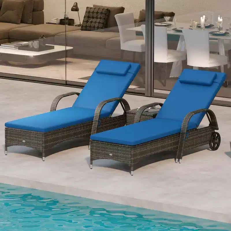 Patio Wicker Chaise Lounge Chair Set of 2 with Table, Adjustable Backrest, Wheels, Cushion & Headrest