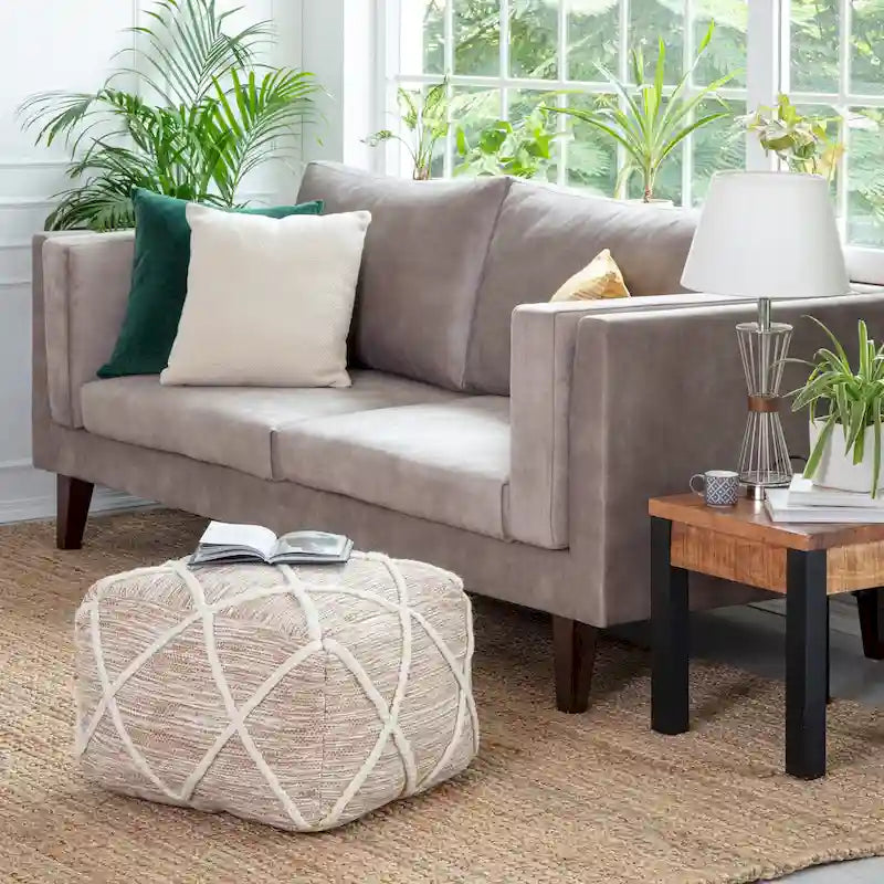 22-Inch Round Pouf Ottoman – Blue & Ivory / Tan & Ivory / Gray & Ivory, 1-Person Footrest & Extra Seat